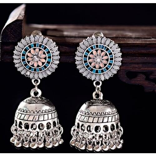 Ethnic Hollow Flower Turkish Jhumka Earrings For Women Vintage Indian Jewelry Silver Color Bell Tassel Dangling Earrings