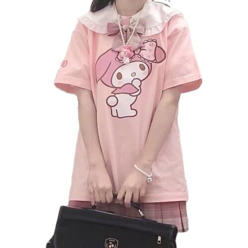 Harajuku Kawaii Cartoon Short Sleeve T-Shirt Girls Pink Top Loose Thin Summer Clothes For Women Tee Shirts Cute Pullover