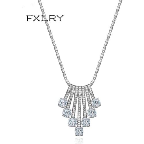 FXLRY New Design fashion OL White Color Cubic Zircon Geometrical Tassel Flowers Pendant CZ Necklaces For women Jewelry
