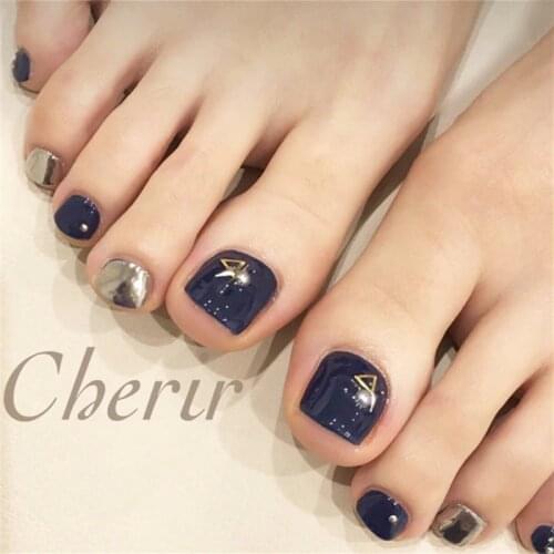 Ash Blue Rivets Fake Nails Square Head Short Paragraph Manicure Accessories Summer Brides Fake Toenail Patch Nail Art