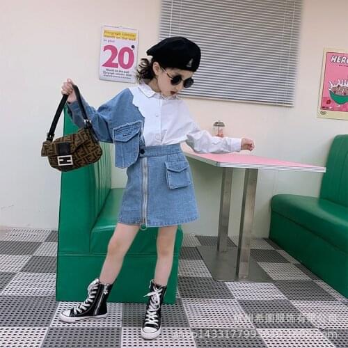 Autumn 2020 new girl denim suit stitching long-sleeved shirt short skirt foreign-style two-piece suit