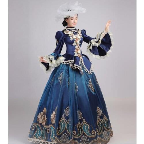 Medieval Dress Rococo Baroque Blue Turtle Neck Ball Dresses 18th Century Renaissance Dress Gown with Hat for Women