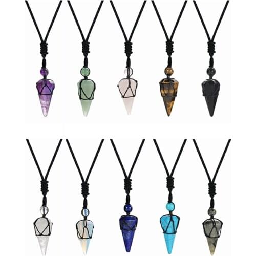 Natural stone Hexagonal Pointed Reiki Chakra Pendants Healing Quartz Crystal Dowsing Pendulums Necklaces Cord Adjustable GiftBox
