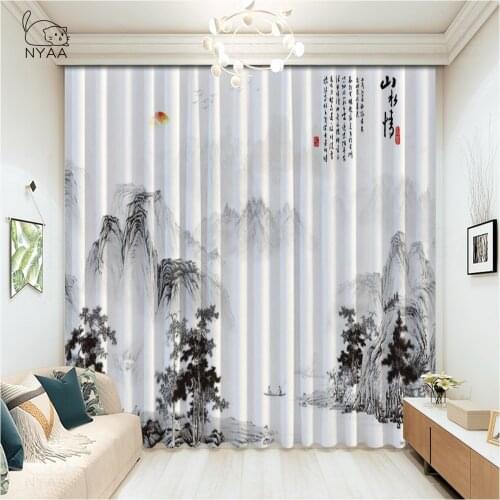 Hometown Dream Ink Painting Curtains Scandinavian Printed Curtain Chinese-Style Geometric Curtain Room Child Micro Shading