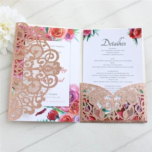 Rose gold glitter card invitation for wedding with envelop RSVP tri-fold pocket laser cut gift card customized supply