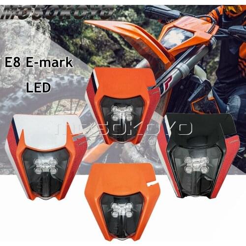 12V LED Motocross Dual Sport E8 Emark Headlight for SX-F SX EXC XC-W XC-F WR DRZ KLX KX YZ F Dirt Bike Fairing Mask Lamp