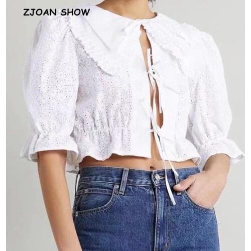 2021 Vintage Peter Pan collar Lapel Bandage White Shirt Women Hollow Out Hole Embroidery Cropped Blouse Girls Tops