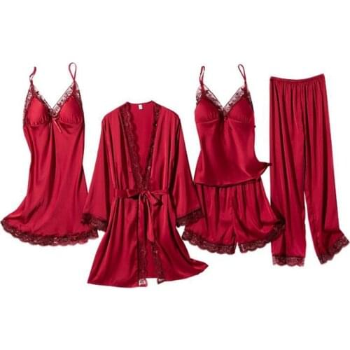 5PCS Pajamas Set Casual Bride Dressing Gown Home Wear Lingerie Kimono Robe Women Spring Satin Strap Sleepwear Sexy Nightwear