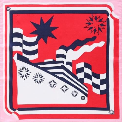 POBING 100% Silk Scarf Woman Cruise Print Small Square Scarves Luxury Bandanas Small Hijab Foulards Lady Tie Headband 53x53CM