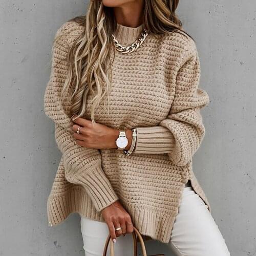 Women Elegant Solid Ribbed Knit Sweater Fashion O Neck Lantern Long Sleeve Pullover Tops Ladies Winter Casual Loose Slit Jumper