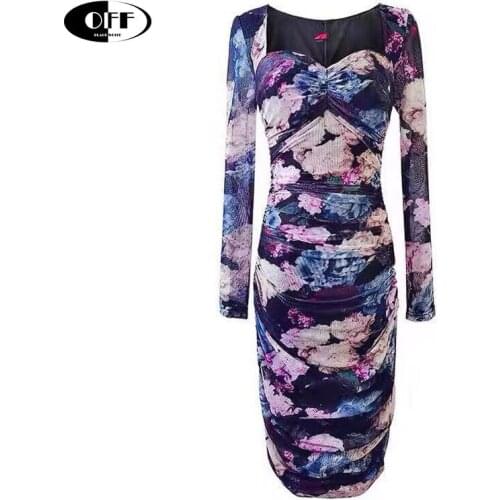 Celebrity Mesh Sexy Bodycon Mini Dress Elegant Floral Printed Long Sleeve Square Collar Party Evening Ladies Elastic Dresses ZA