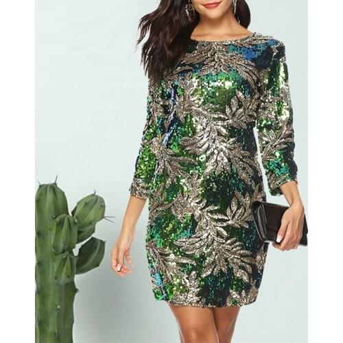 Women Sequined Bodycon Dress Glitter Bling 3/4 Sleeves O Neck Evening Party Casual Mini Dress Elegant Club Streetwear Vestidos