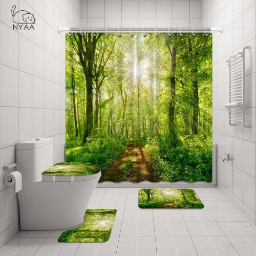 4pcs/set 3d Natural Forest Green Plants Shower Curtain Set Mat Bath Curtains Waterproof Cloth + Non-slip Mat Toilet Bathroom