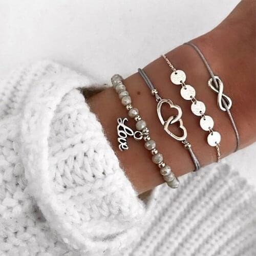 4 Pcs/Set Fashion Vintage Double Heart Beaded Letter Pendant Lucky 8 Braided Bracelet Set Women Bohemian Charm Jewelry