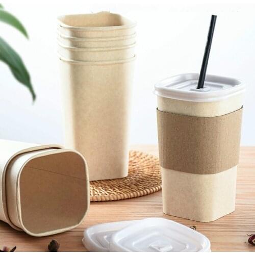 50sets Net red sugarcane pulp PLA paper cup with lid coffee paper cup hot drink anti-scalding square cup degradable milk tea cup