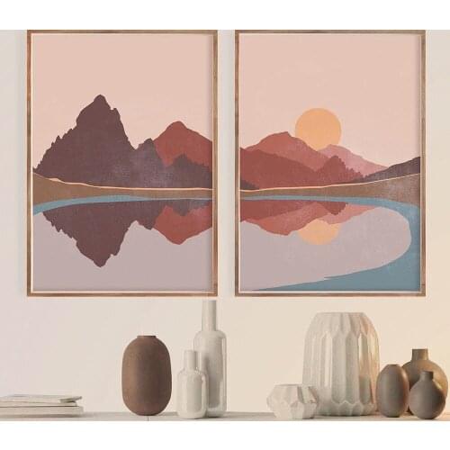 Abstract Landscape Sun and Mountain Scene Boho Canvas Prints Painting Wall Art Pictures Posters for Living Room Home Decoration