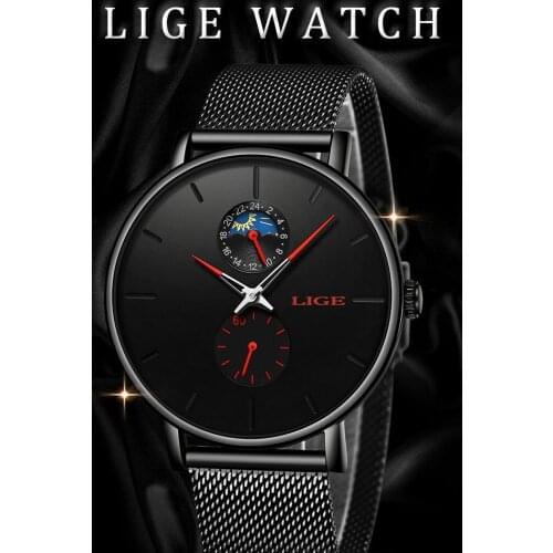 LIGE 9955 Trendy Mens Quartz Sports Moon Phase Chrono Watch Waterproof Steel Mesh Band Simple Business Wristwatches Male