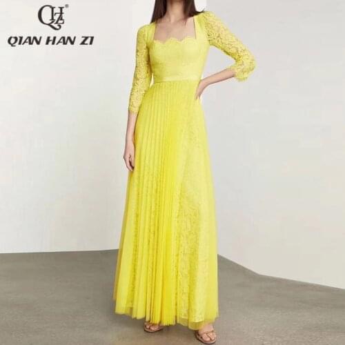 Qian Han Zi designer fashion lace long dress Womens Three Quarter sleeve Flowers elegant Slim Pleated party Maxi dress