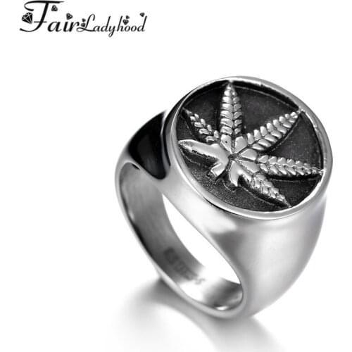 FairLadyHood Maple Leaf Weed Signet Ring Stainless Steel Punk Style Religious Finger Ring For Men Mujer