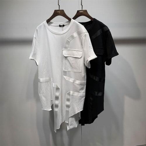 Large size Yamamoto style personality irregular loose medium long mens T-shirt, solid color pocket T-shirt