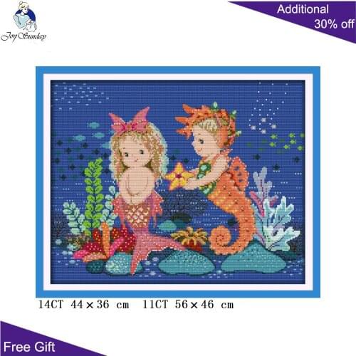 Joy Sunday The Little Mermaid And Sea Horse Cross Stitch R639 14CT 11CT Counted and Stamped Home Decor Embroidery Cross Stitch