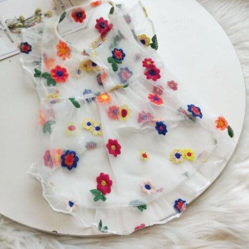 Cool Transparent Pet Dress Floral White Tulle Girl Dresses Short Sleeve Puppy Cat Poodle Skirt For Princess Chihuahua Pug Summer