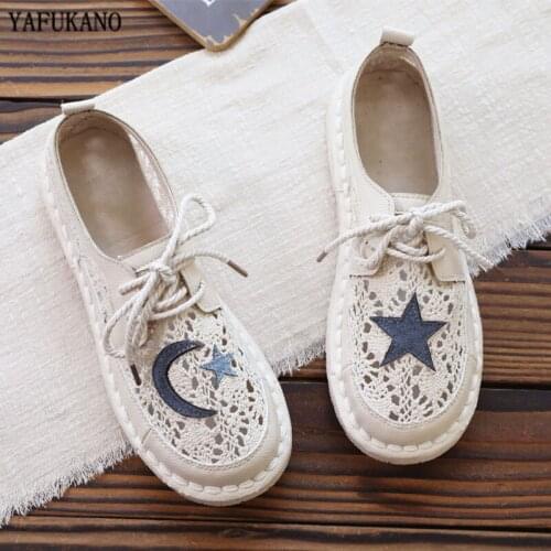 Literary Retro Lace Breathable Mesh Flats Handmade Sewing Original Fairy Style Soft Sole Fisherman Shoes Sweet Girl Casual Flats