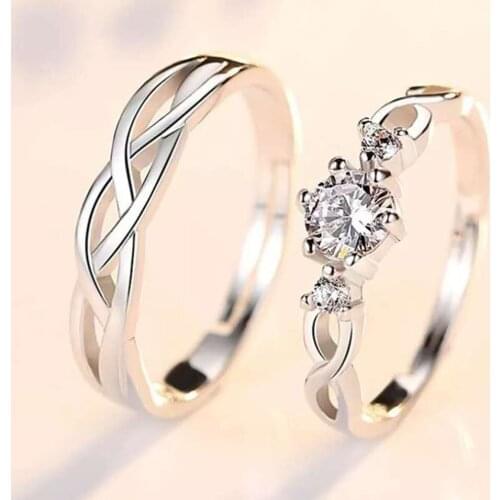 2PCS/Pair Classic Copper Plated Silver Adjustable Men Women Couple Engagement RingS Zircon Lover Friend Gift Finger Jewelry