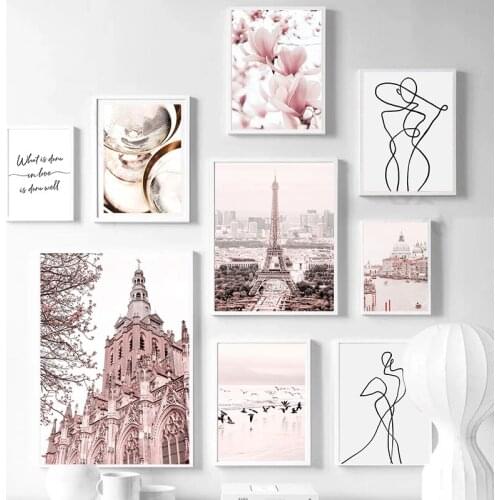 Venice Canal Amalfi Wall Art Pink Paris Line Art Poster Print Figure Flower Canvas Painting Nordic Decor Picture For Living Room