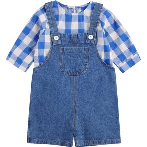 Toddler Baby Girl 2PCS Clothes Set Plaids Long Sleeve Blouse Top Denim Pocket Overalls Suspender Shorts Summer 0-3Y