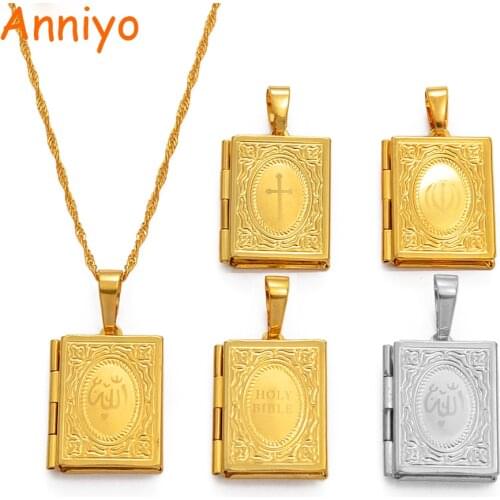 Anniyo DIY Keeping Photo Pendant Necklace Women Muslim Jewelry,Gold Color Islam Arab Iran/Holy Bible/Cross/Allah Box #071502