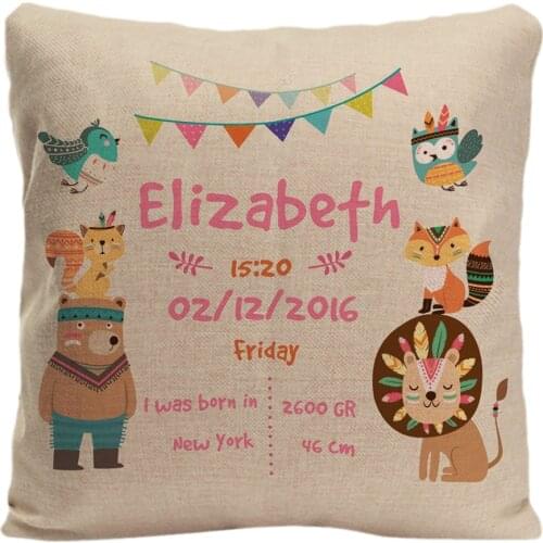 Customized With Birthday Baby Girl Cushion Birth Data Forest Animals Pillow Decorative Cushion Cover Pillow Case Customize Gift