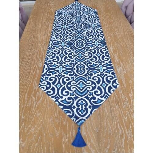 Blue Tile Pattern Runner Table Cloth Living Room Kitchen
