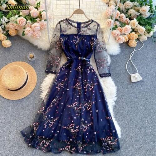 Smlinan Spring Summer Sexy Evening Party Dress Women Fashion O Neck Slim Elegant Long Dress Embroidery Floral Mesh Maxi Dresses