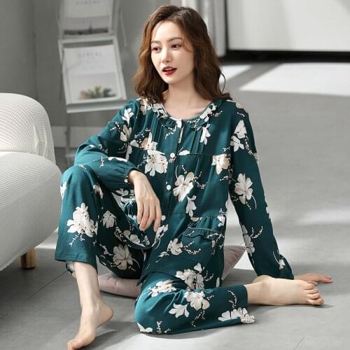 Spring Pajamas For Women Sleepwear Floral Pyjamas Long Sleeve Round Neck Casual Soft Girls Nightwear Loose Plus Size 3XL Pijamas