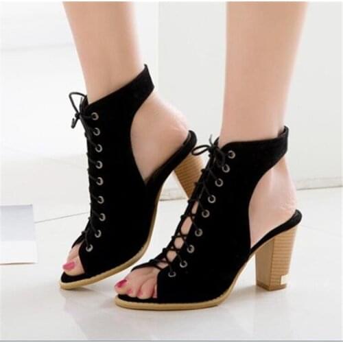 PXELENA Lace Up Peep Toe Gladiator Sandals Women Chunky Block High Heels Rome Punk Sandals Party Dress Date Shoes 2018 Summer