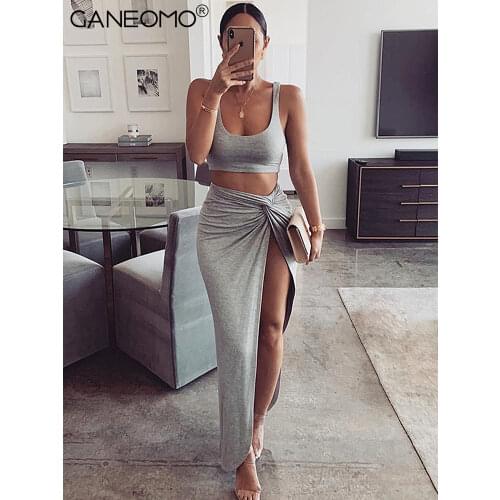 Two Piece Set Women Skirt Summer Elegant Sexy Dress Suits Halter Crop Top High Waist Long Skirts Set Woman 2 Pieces 2021 Outfits