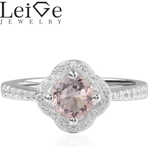 Leige Jewelry Nature Morganite Rings Round Shape Engagement Halo Promise Ring For Woman 925 Sterling Silver