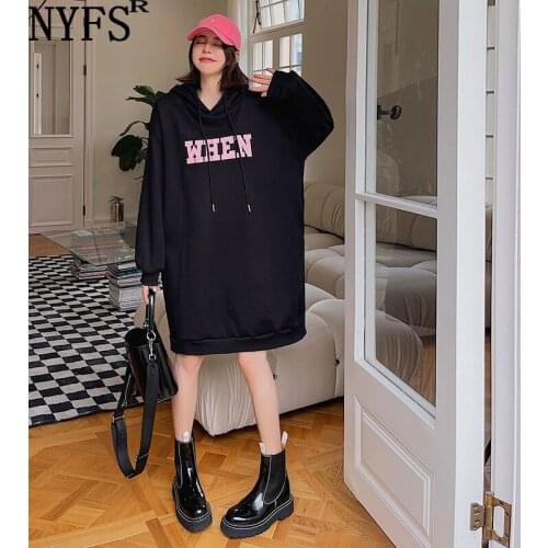 NYFS 2021 Winter Hoodies Dress Korean New Thickened polar Fleece Hooded Patch Embroidery Woman Dress Vestidos Robe Elbise