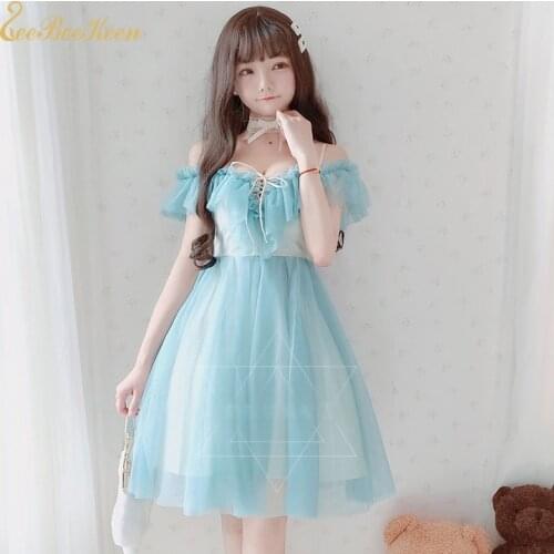 Women Chiffon Cute Lolita Lace Dress for Girls Sweet Lolita Cosplay Costume Summer Dress Adult Sexy Off-the-shoulder Dress
