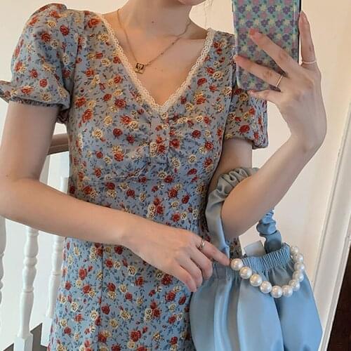2021 French Retro Summer Dress V-neck Dresses for Women Chiffon Floral Dress Gentle Female Dating Blue Vestido Feminino 15233