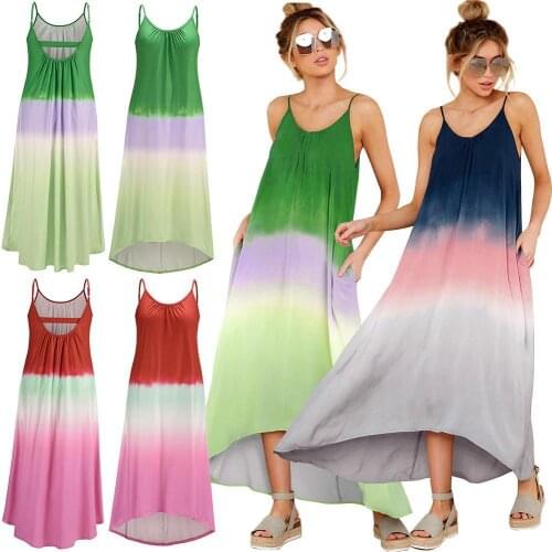 2021 Summer Womens Sleeveless V Neck Tie Dye Dress High Waist Halter Sleeveless Gradient Color Chiffon Party Slim Maxi Dress
