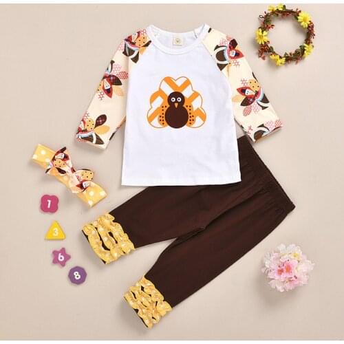 2020 TALLOLY Kids Thanksgiving Childrens Clothing Girls Turkey Long Sleeve T-shirt Pants Headband Set