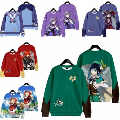Anime Long Sleeve T-shirt Game Cosplay Costume Plus Velvet Sweatshirt Project Pullover Venti Diluc Mona Keqing Klee Sports Top