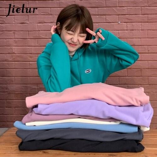 Jielur 8 Colors Print Hoodies Women Thicken Hooded Top Fashion Casual Black Pink Sweatshirt Warm Fleece Hoodie Pullover Loose