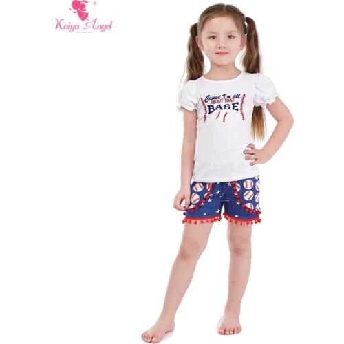 Kaiya Angel 4th Of July Boutique Kids Vlothing Royal Blue Baseball Star Cotton Toddler Girls Summer Fashion Clothing Outfits