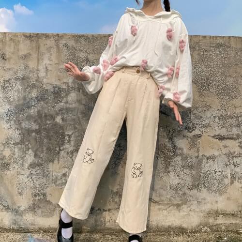 Korean New Teen Girls Loose Thin Bear Embroidery Pants Japanese Kawaii Women Harajuku Wild Casual Female Cute Small Fresh Pant