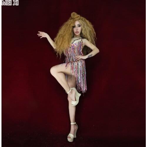 Colorful tassel sequins mesh conjoined body party nightclub bar concert DJ singer/dancer costumes