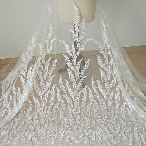 Ivory White Leaf Wedding Dress Lace Fabric, 3D Nail Bead High End European Lace Fabric Free Shipping 1Yard RS2939