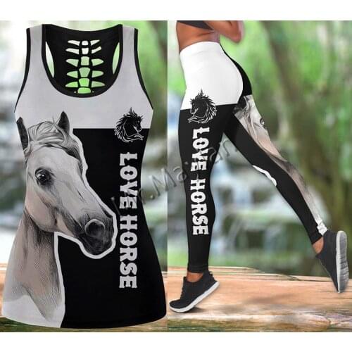3D Print Fashion Animal Love Horse Art Black White Women Hollow Tanktop & Legging Hipster Leisure Female Sexy Vest Clothes S-29